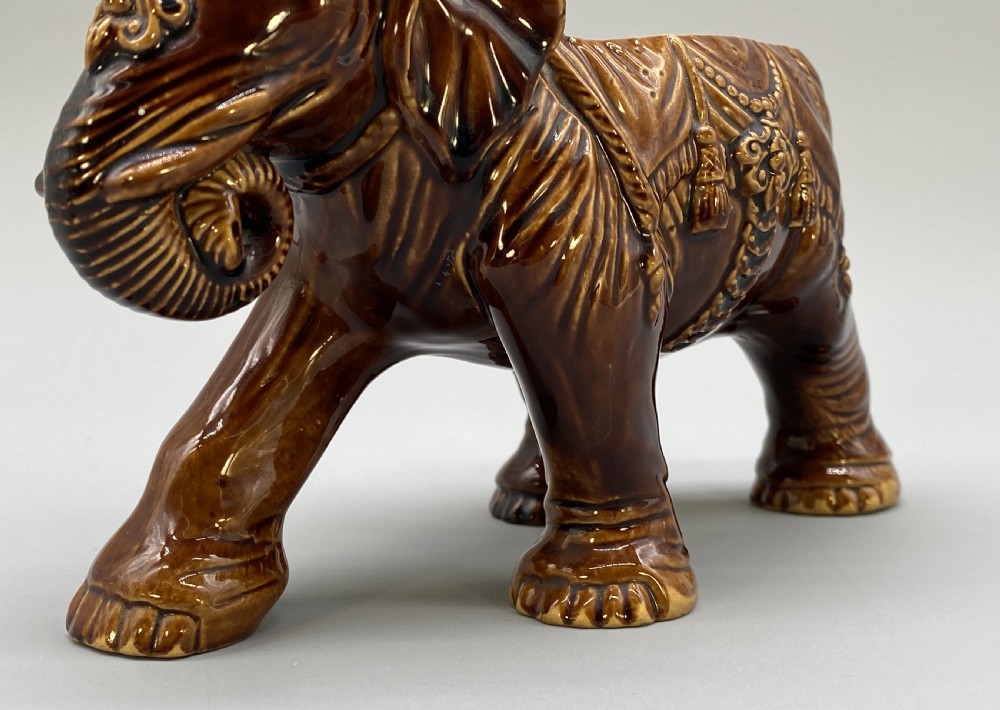 c. 1895 Original Antique Austrian Ceramic Glazed Tobacco Jar Elephant and Mahout View XV