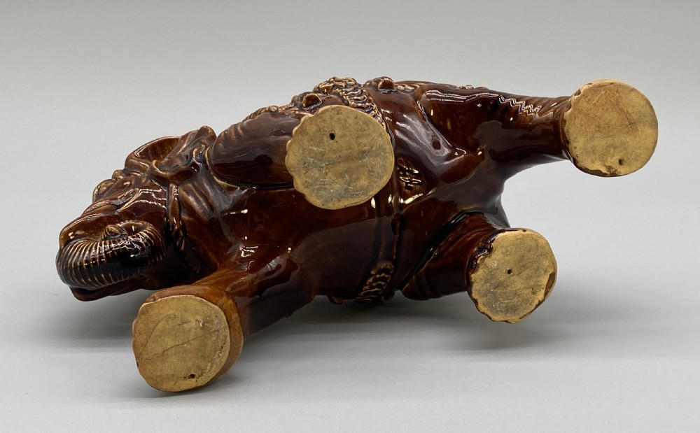 c. 1895 Original Antique Austrian Ceramic Glazed Tobacco Jar Elephant and Mahout View XVI