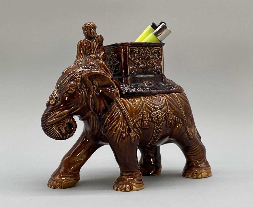 c. 1895 Original Antique Austrian Ceramic Glazed Tobacco Jar Elephant and Mahout View XVIII