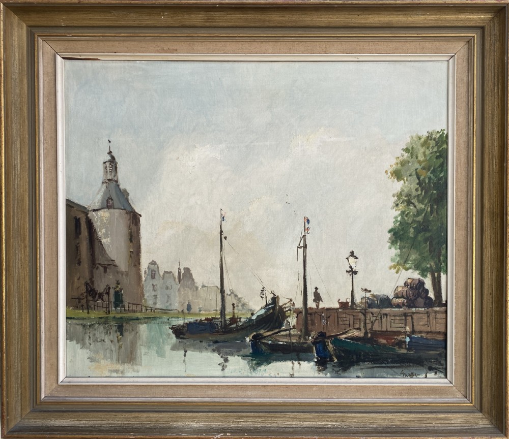 A framed Impressionist oil painting depicting moored boats in a calm harbour beside a tall masonry tower under a pale blue sky.