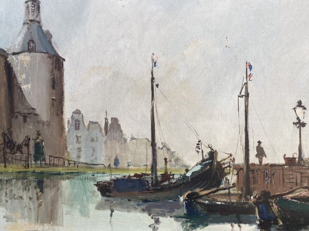 A framed Impressionist oil painting depicting moored boats in a calm harbour beside a tall masonry tower under a pale blue sky. View II