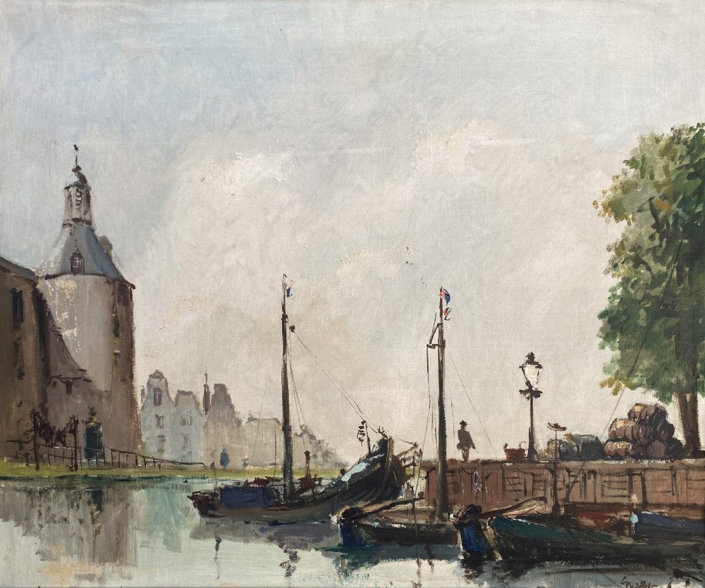 A framed Impressionist oil painting depicting moored boats in a calm harbour beside a tall masonry tower under a pale blue sky. View III