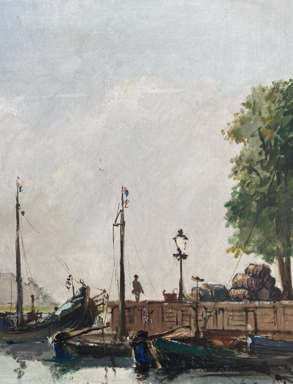 A framed Impressionist oil painting depicting moored boats in a calm harbour beside a tall masonry tower under a pale blue sky. View IV