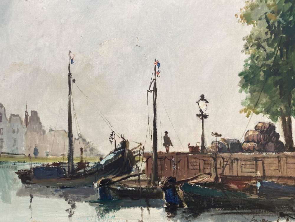 A framed Impressionist oil painting depicting moored boats in a calm harbour beside a tall masonry tower under a pale blue sky. View V