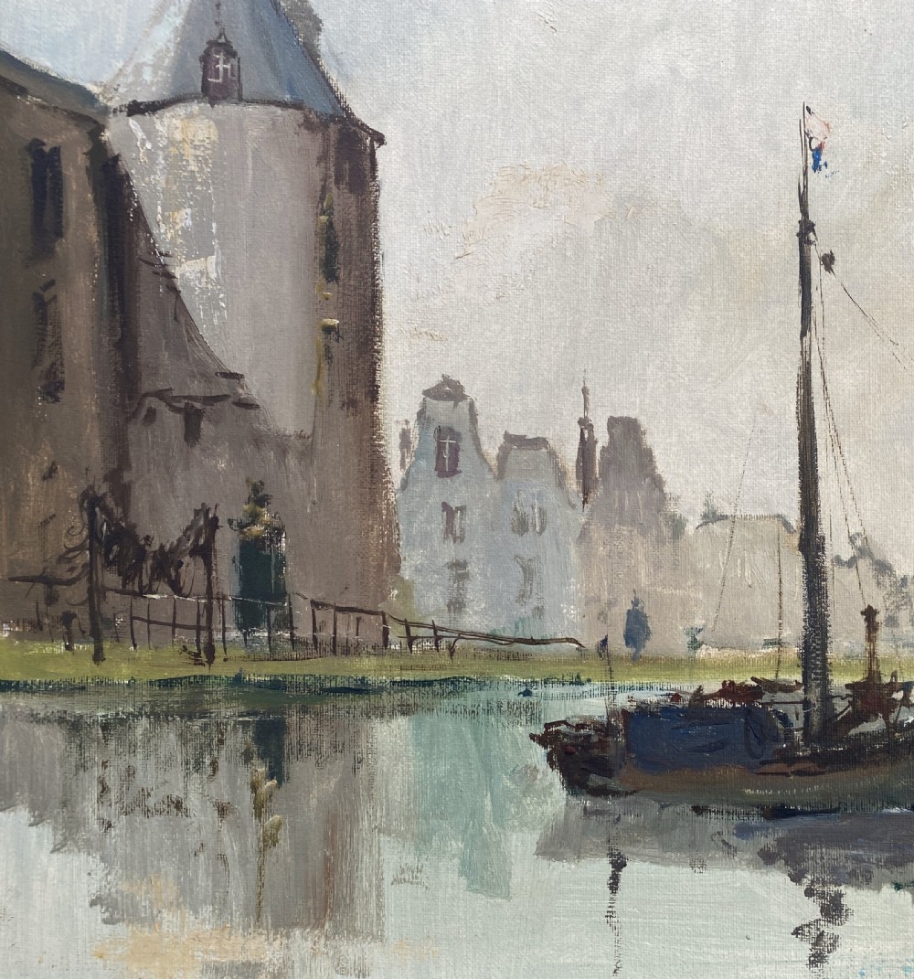 A framed Impressionist oil painting depicting moored boats in a calm harbour beside a tall masonry tower under a pale blue sky. View VI