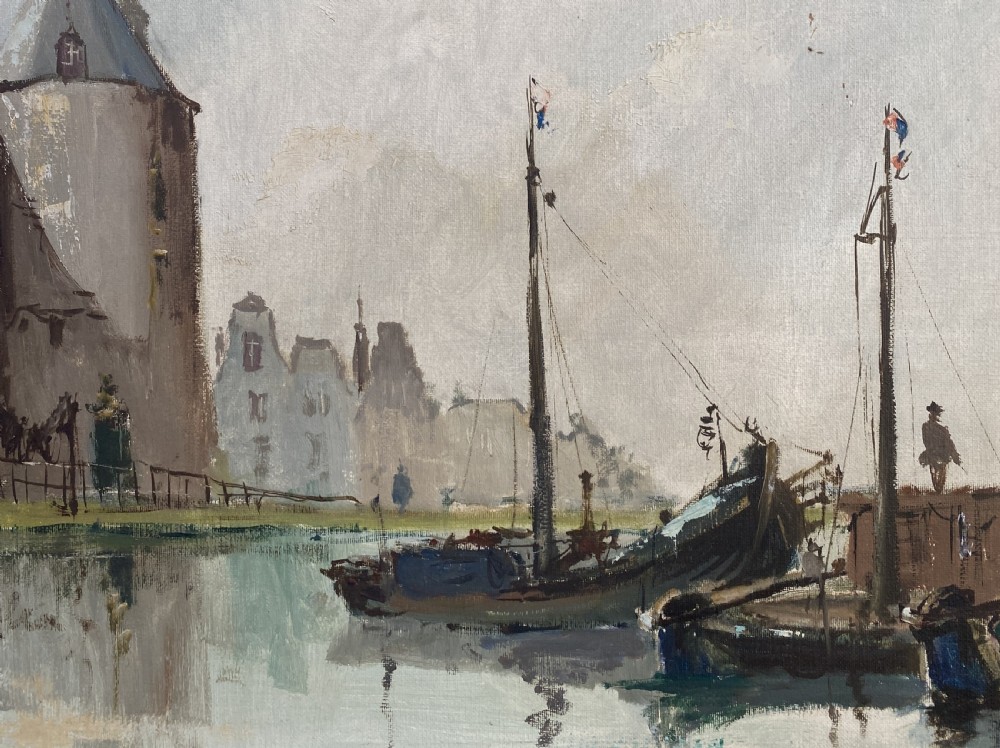 A framed Impressionist oil painting depicting moored boats in a calm harbour beside a tall masonry tower under a pale blue sky. View VII