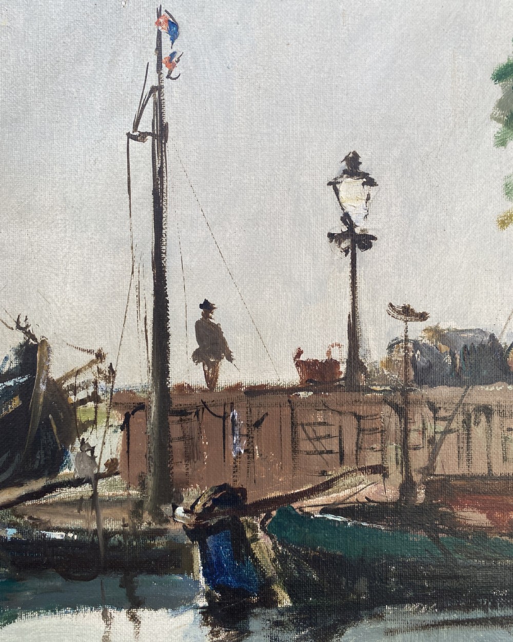 A framed Impressionist oil painting depicting moored boats in a calm harbour beside a tall masonry tower under a pale blue sky. View VIII