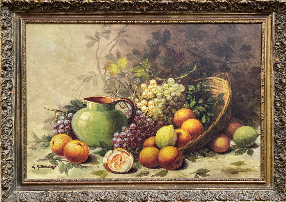 Large Vintage Original Italian Still Life of Fruit and Pitcher Oil Painting
