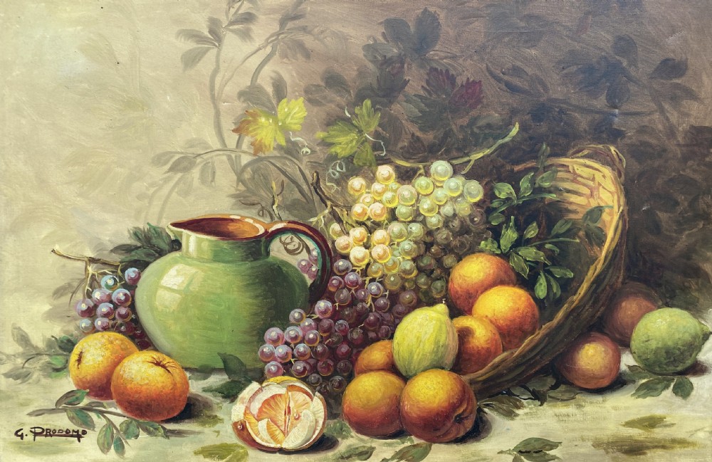 Large Vintage Original Italian Still Life of Fruit and Pitcher Oil Painting View II