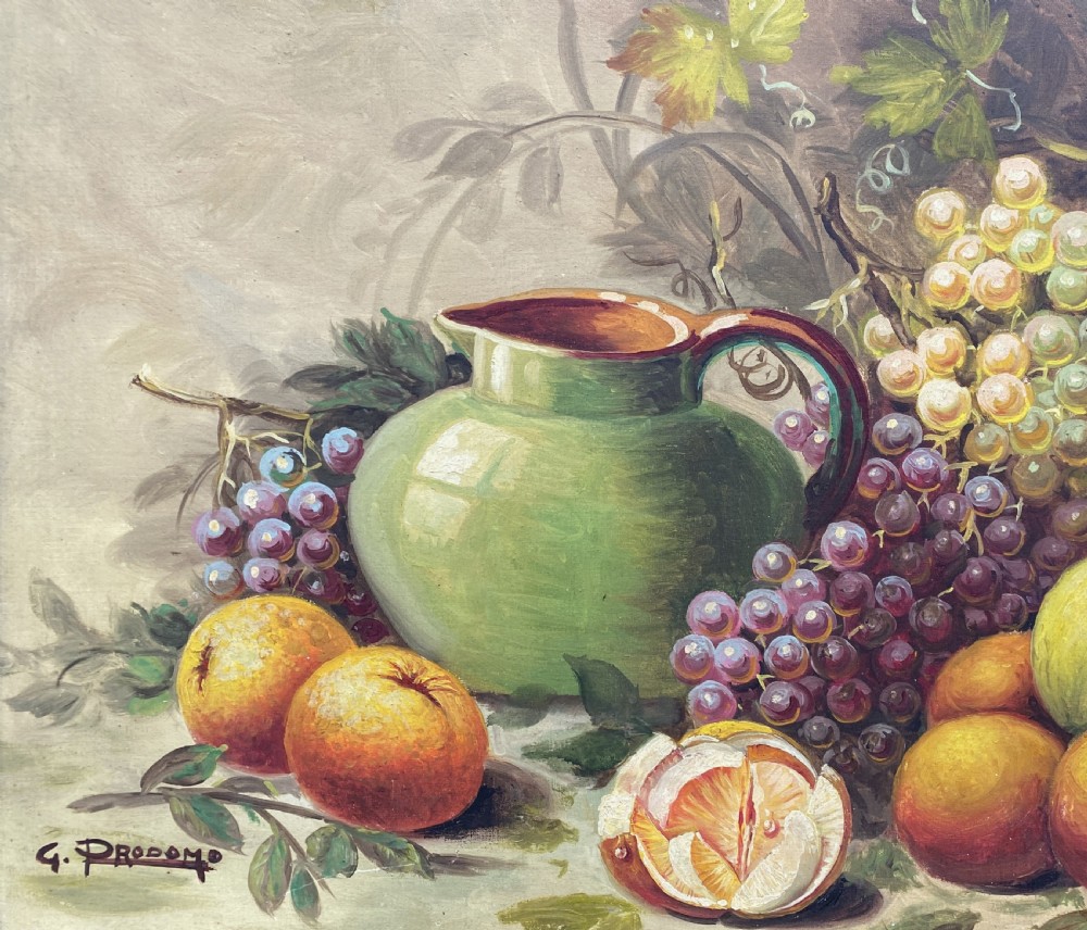 Large Vintage Original Italian Still Life of Fruit and Pitcher Oil Painting View V