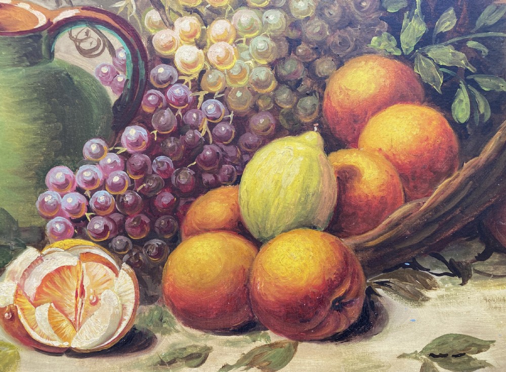 Large Vintage Original Italian Still Life of Fruit and Pitcher Oil Painting View VIII
