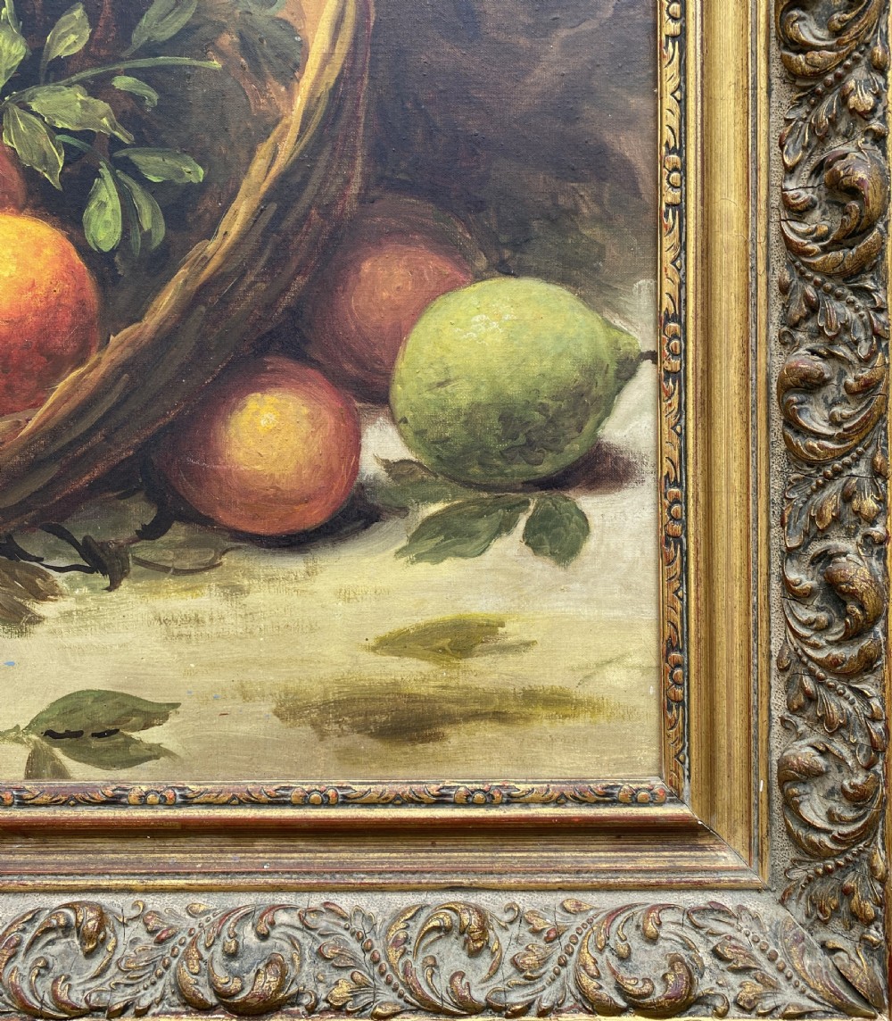 Large Vintage Original Italian Still Life of Fruit and Pitcher Oil Painting View IX