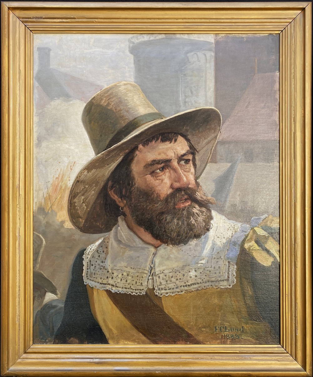 A framed 19th-century oil painting on canvas depicting a bearded man in a wide-brimmed hat and lace collar, signed by Danish artist Frederick Christian Lund.