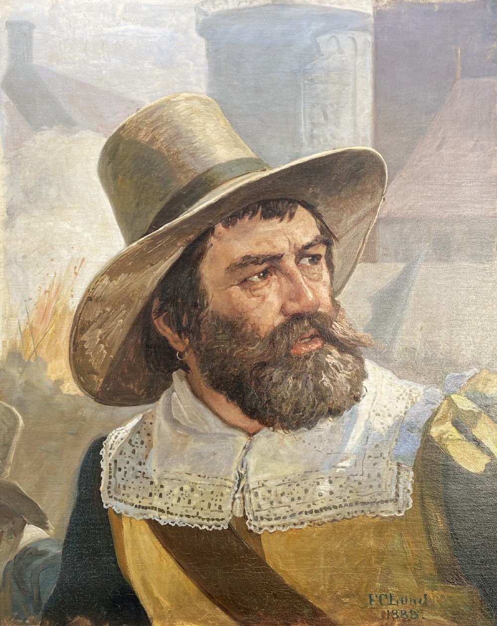 A framed 19th-century oil painting on canvas depicting a bearded man in a wide-brimmed hat and lace collar, signed by Danish artist Frederick Christian Lund. View II