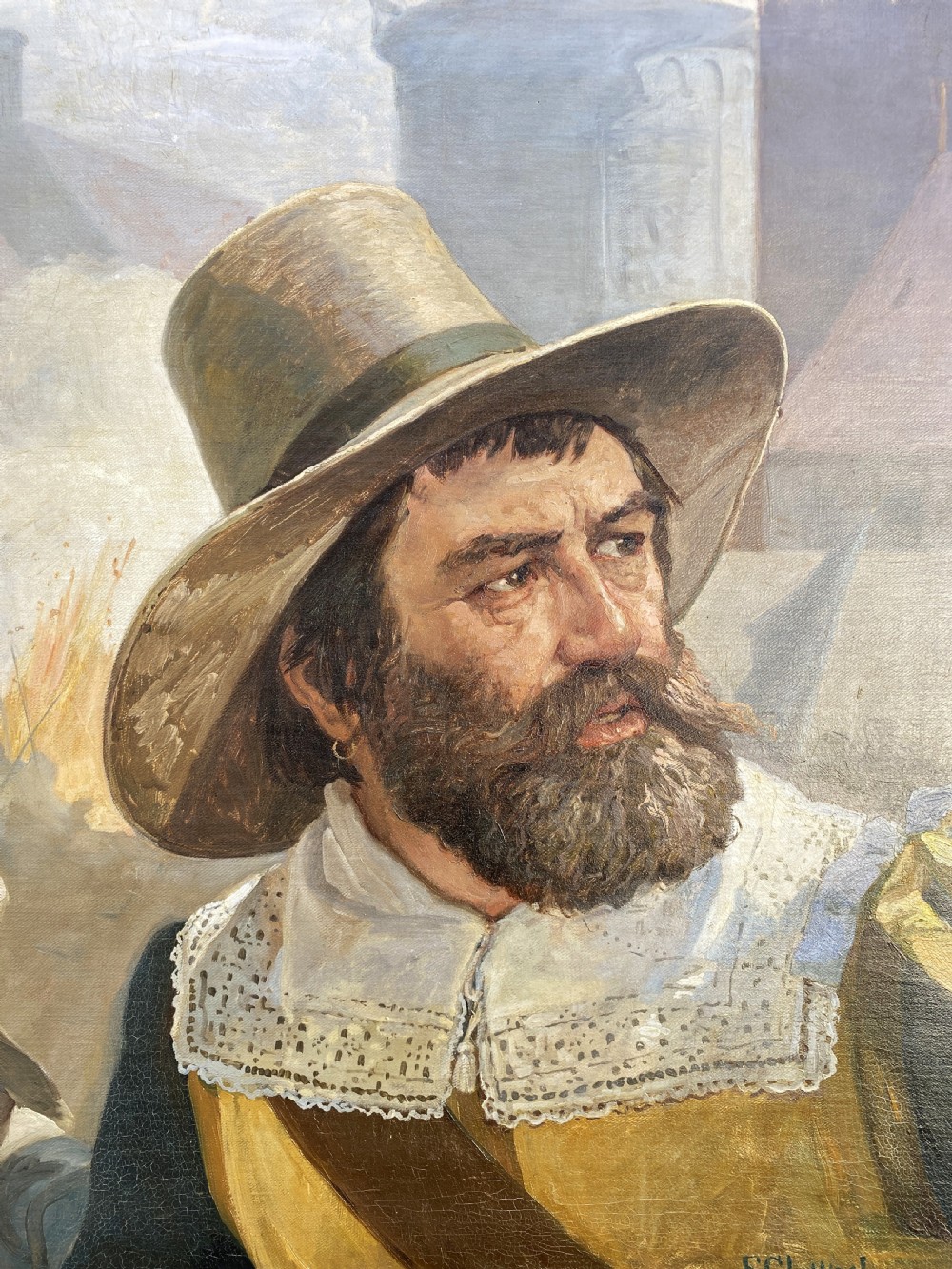 A framed 19th-century oil painting on canvas depicting a bearded man in a wide-brimmed hat and lace collar, signed by Danish artist Frederick Christian Lund. View III
