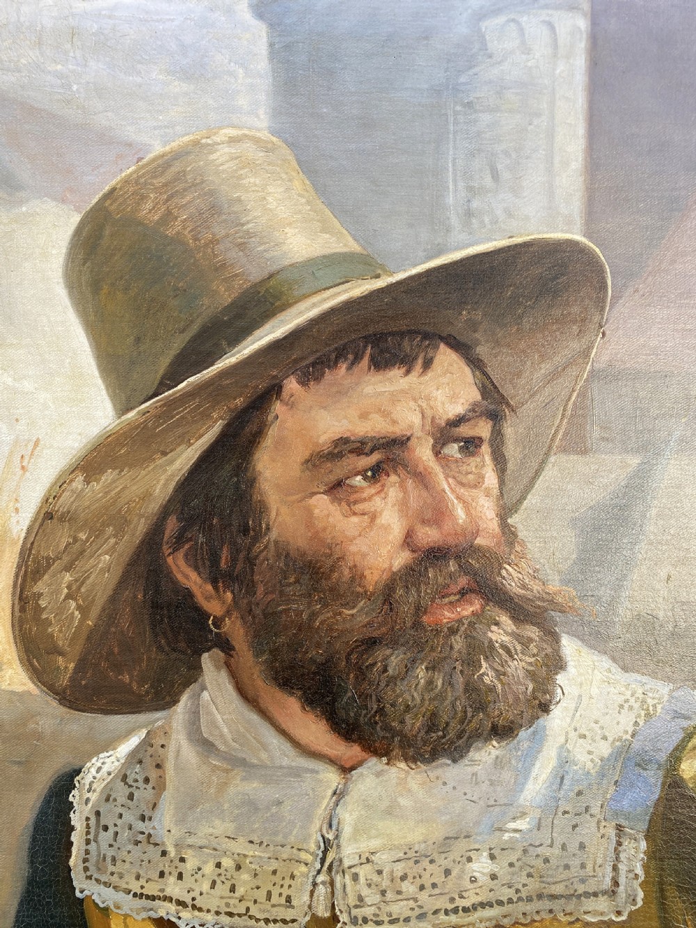 A framed 19th-century oil painting on canvas depicting a bearded man in a wide-brimmed hat and lace collar, signed by Danish artist Frederick Christian Lund. View IV