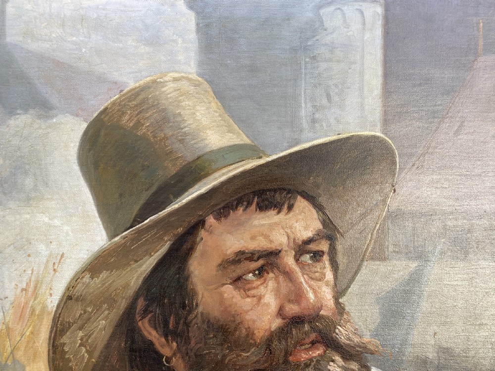 A framed 19th-century oil painting on canvas depicting a bearded man in a wide-brimmed hat and lace collar, signed by Danish artist Frederick Christian Lund. View VI