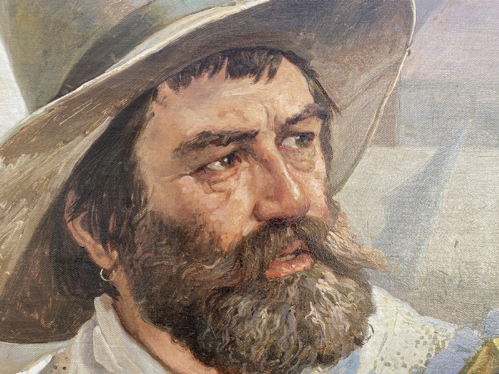 A framed 19th-century oil painting on canvas depicting a bearded man in a wide-brimmed hat and lace collar, signed by Danish artist Frederick Christian Lund. View VII