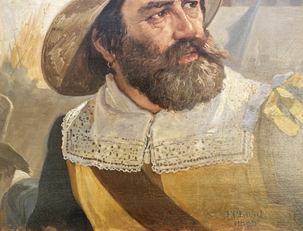 A framed 19th-century oil painting on canvas depicting a bearded man in a wide-brimmed hat and lace collar, signed by Danish artist Frederick Christian Lund. View IX