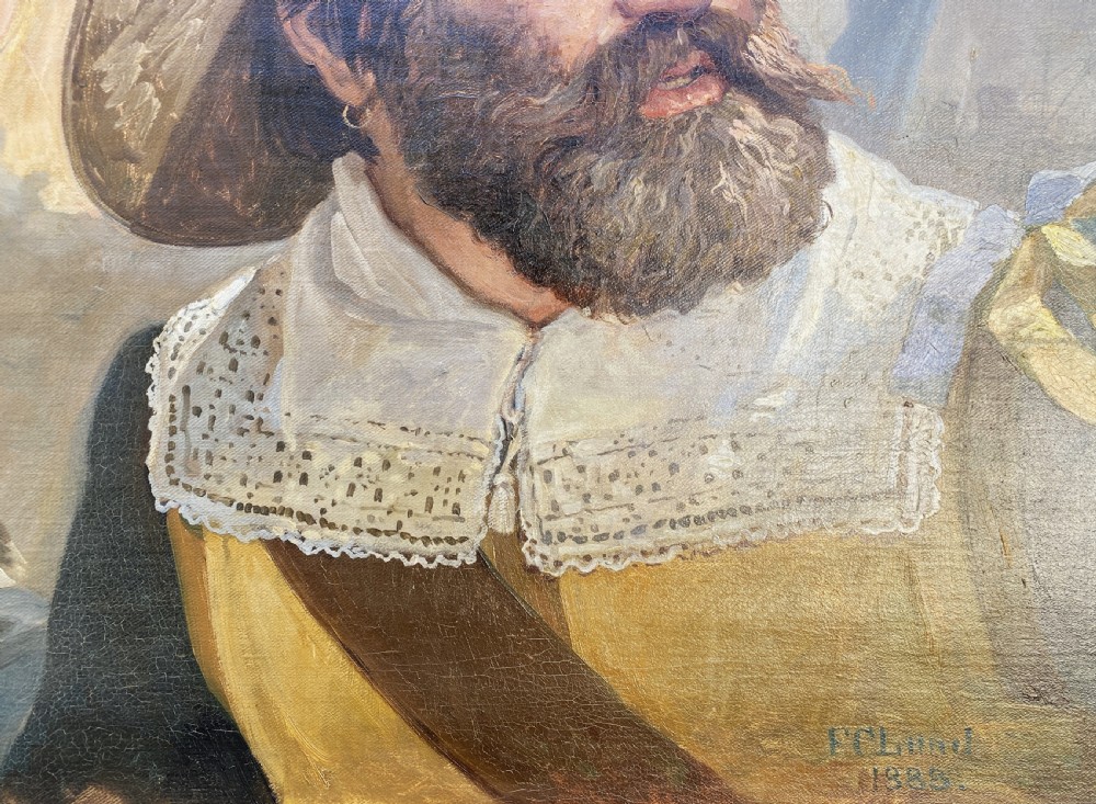 A framed 19th-century oil painting on canvas depicting a bearded man in a wide-brimmed hat and lace collar, signed by Danish artist Frederick Christian Lund. View X