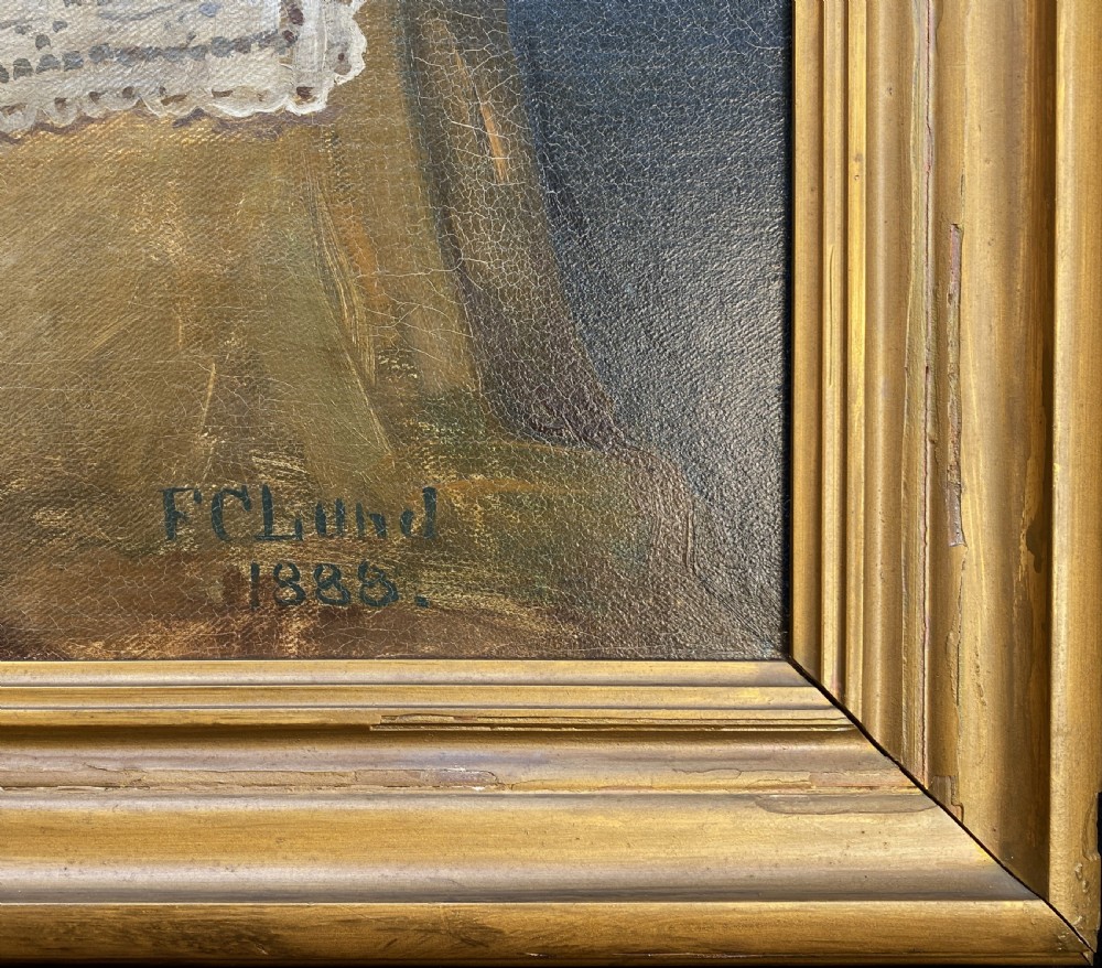 A framed 19th-century oil painting on canvas depicting a bearded man in a wide-brimmed hat and lace collar, signed by Danish artist Frederick Christian Lund. View XI