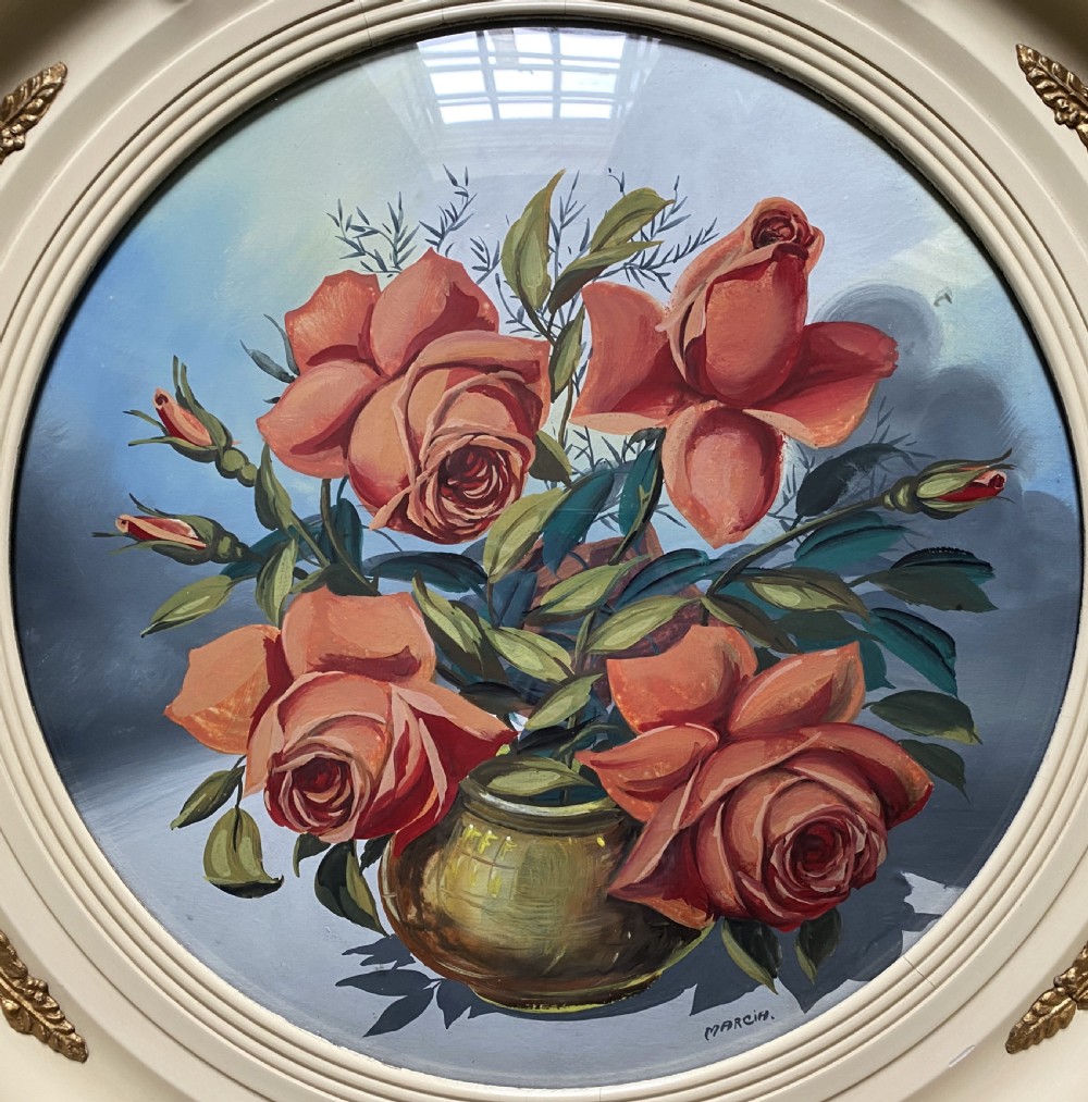 Fabulous c. 1960 Vintage Circular Framed Floral Still Life Oil Painting (1of2) View II
