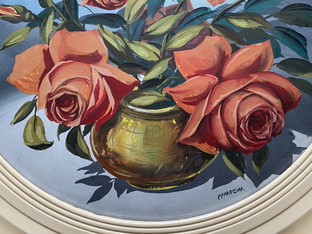 Fabulous c. 1960 Vintage Circular Framed Floral Still Life Oil Painting (1of2) View III