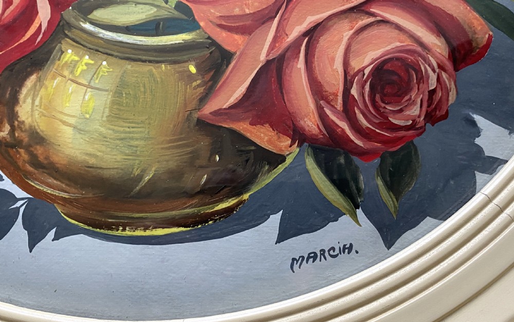 Fabulous c. 1960 Vintage Circular Framed Floral Still Life Oil Painting (1of2) View VII