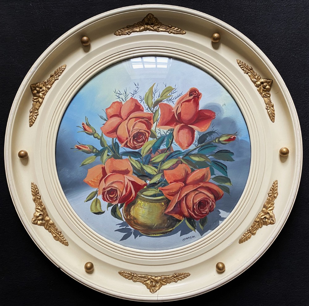Fabulous c. 1960 Vintage Circular Framed Floral Still Life Oil Painting (1of2) View IX