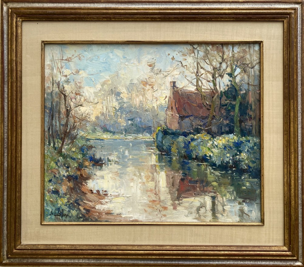 1950s Mid-Century Vintage Post-Impressionist Riverscape Oil On Canvas Painting