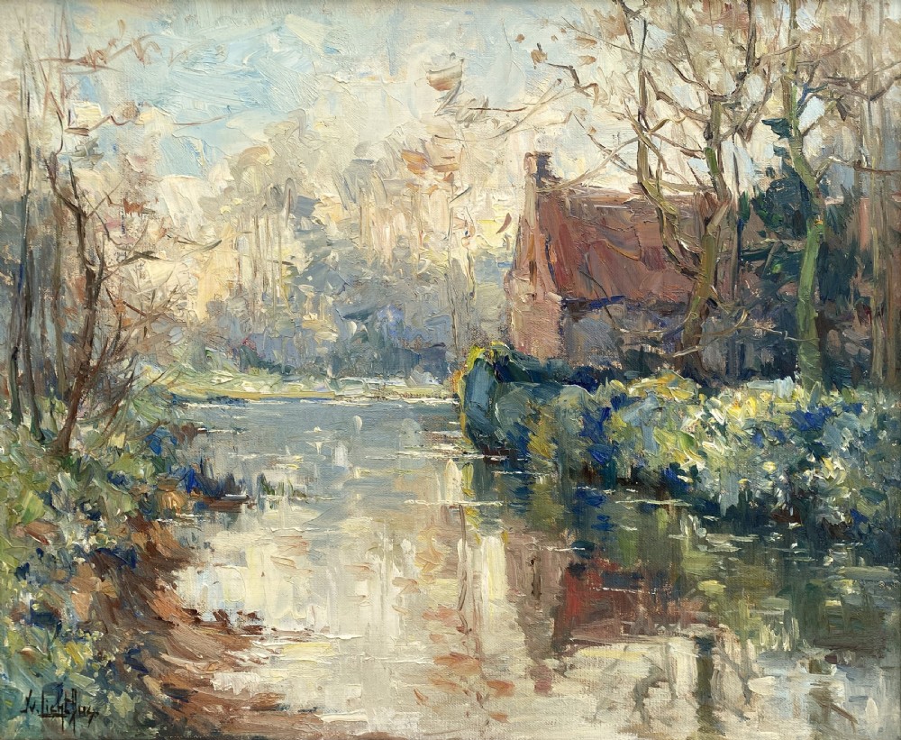 1950s Mid-Century Vintage Post-Impressionist Riverscape Oil On Canvas Painting View II