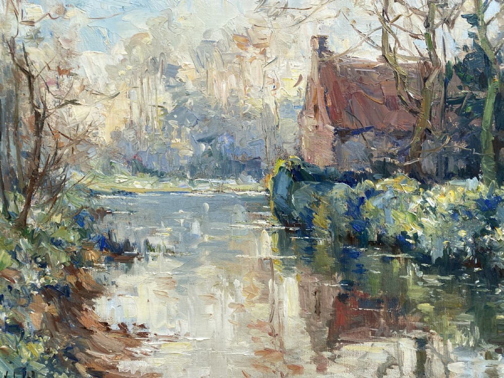 1950s Mid-Century Vintage Post-Impressionist Riverscape Oil On Canvas Painting View III