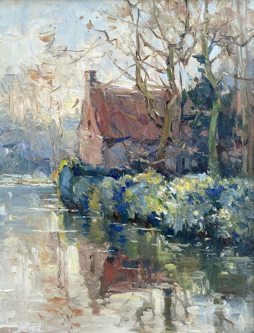 1950s Mid-Century Vintage Post-Impressionist Riverscape Oil On Canvas Painting View IV