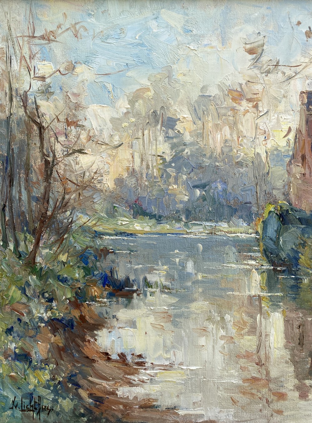 1950s Mid-Century Vintage Post-Impressionist Riverscape Oil On Canvas Painting View V