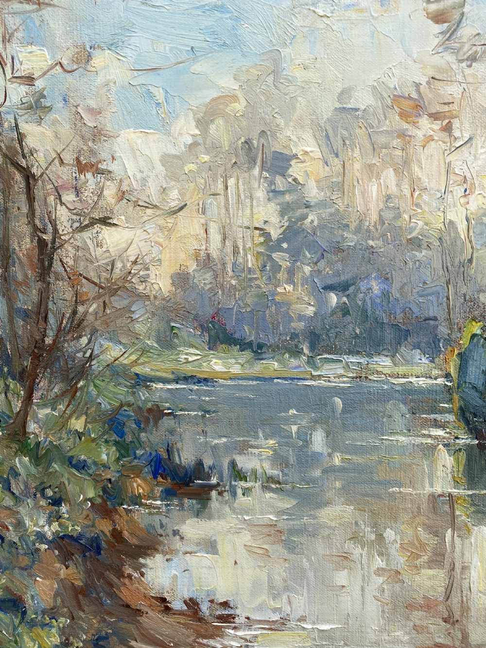 1950s Mid-Century Vintage Post-Impressionist Riverscape Oil On Canvas Painting View VI