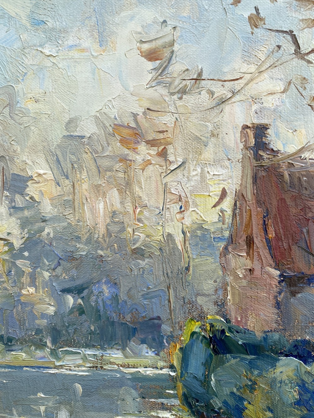 1950s Mid-Century Vintage Post-Impressionist Riverscape Oil On Canvas Painting View VII