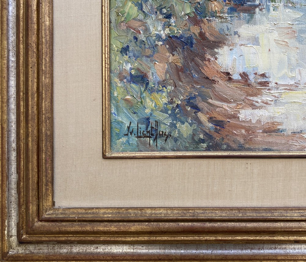 1950s Mid-Century Vintage Post-Impressionist Riverscape Oil On Canvas Painting View VIII
