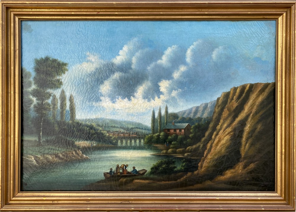 c. 1870 Italian School Lakeside Mountainous Landscape Oil Painting 19th-Century