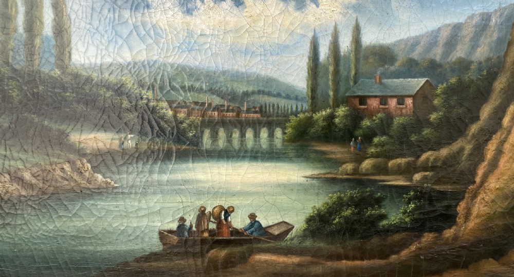 A 19th-century Italian School oil painting depicting a lakeside landscape with figures in a boat, towering cliffs, and a clouded blue sky inside a gilt frame. View IV