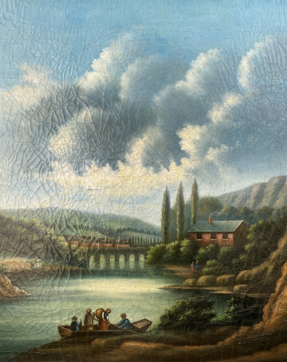 A 19th-century Italian School oil painting depicting a lakeside landscape with figures in a boat, towering cliffs, and a clouded blue sky inside a gilt frame. View VII