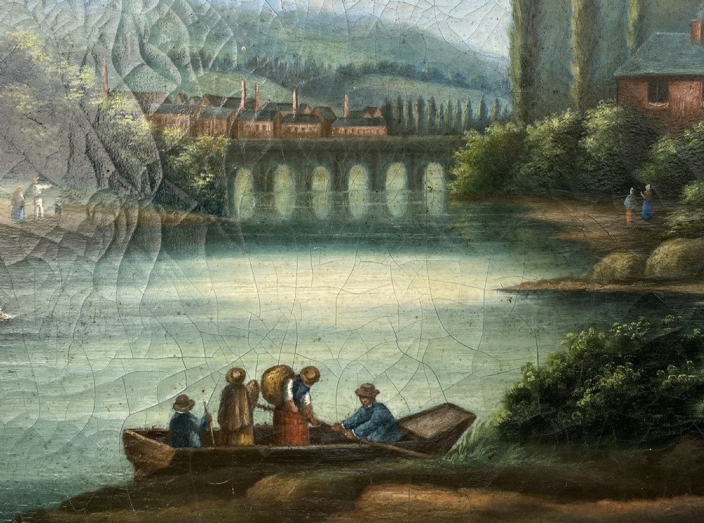 A 19th-century Italian School oil painting depicting a lakeside landscape with figures in a boat, towering cliffs, and a clouded blue sky inside a gilt frame. View VIII