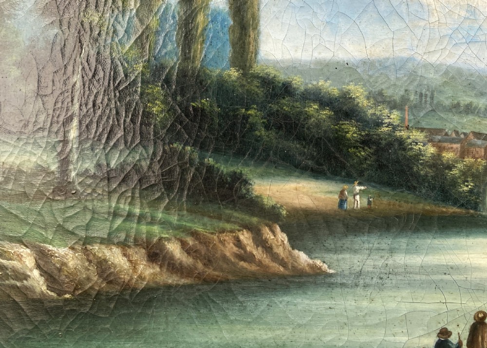 A 19th-century Italian School oil painting depicting a lakeside landscape with figures in a boat, towering cliffs, and a clouded blue sky inside a gilt frame. View X