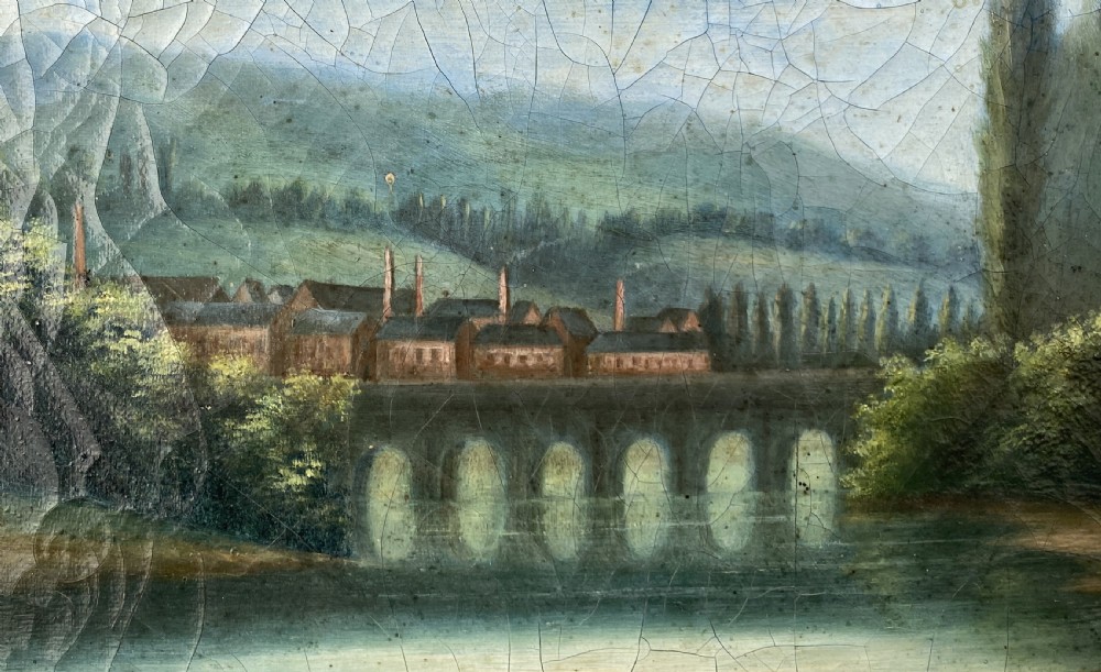 A 19th-century Italian School oil painting depicting a lakeside landscape with figures in a boat, towering cliffs, and a clouded blue sky inside a gilt frame. View XII