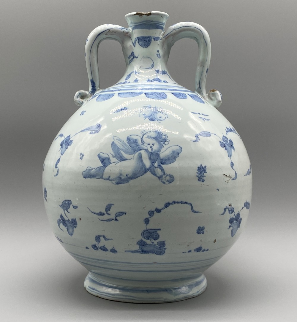 Museum Quality 17th-Century Italian Savona Majolica Bottle Vase Blue and White View III