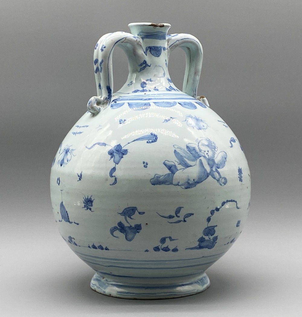 Museum Quality 17th-Century Italian Savona Majolica Bottle Vase Blue and White