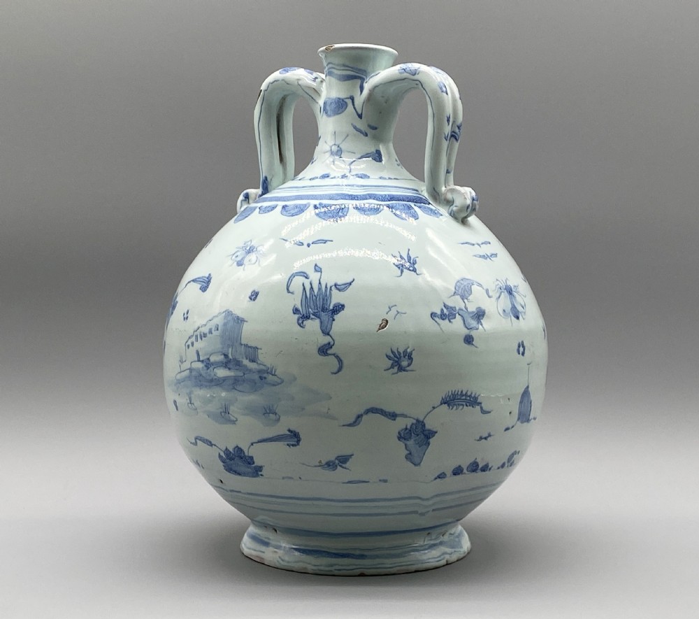 Museum Quality 17th-Century Italian Savona Majolica Bottle Vase Blue and White View VI