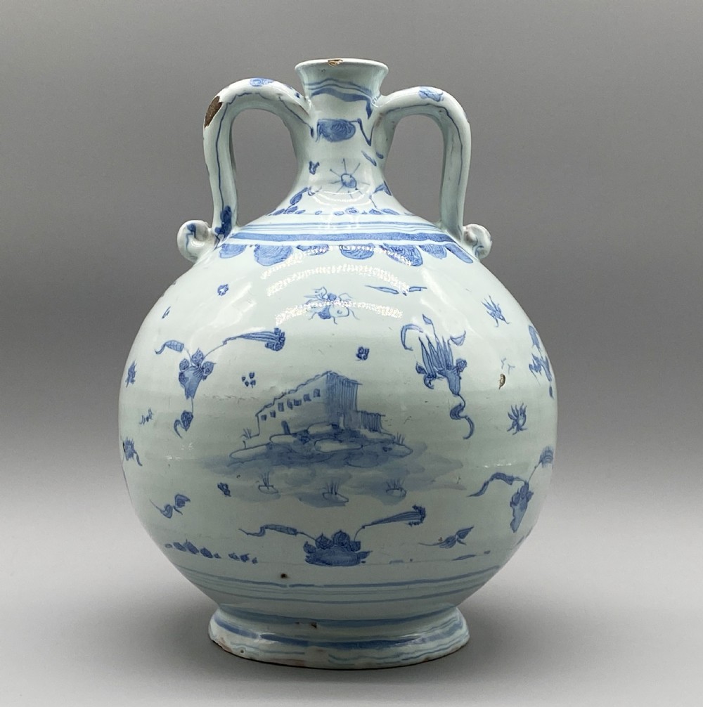 Museum Quality 17th-Century Italian Savona Majolica Bottle Vase Blue and White View VII