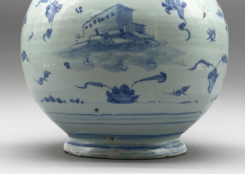 Museum Quality 17th-Century Italian Savona Majolica Bottle Vase Blue and White View XIV