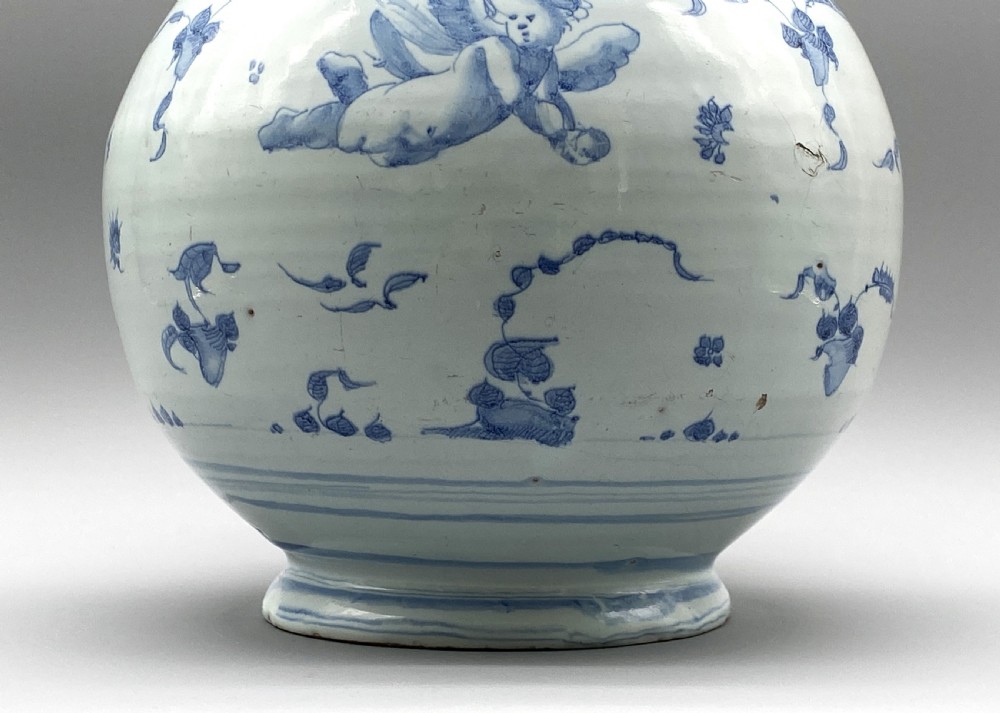 Museum Quality 17th-Century Italian Savona Majolica Bottle Vase Blue and White View XVII