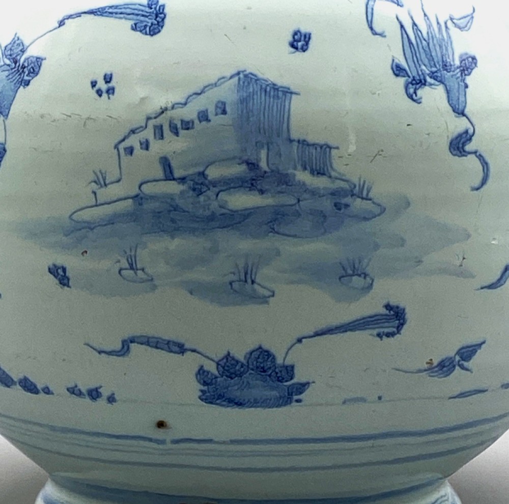 Museum Quality 17th-Century Italian Savona Majolica Bottle Vase Blue and White View XIX